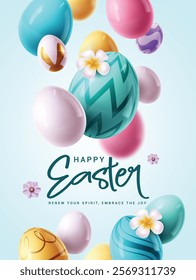 Happy easter greeting clipart poster design. Easter text clip art with colorful, shiny and smooth 3d floating eggs for holiday decoration blurred background. Vector illustration easter sunday greeting