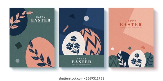 Happy easter greeting clipart poster set. Easter sunday wishes clip art in flat colorful abstract background with drawing eggs, leaves, flowers and shapes for holiday season decoration. Vector