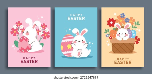 Conjunto de póster de Clipart de felicitación de Pascua feliz. Feliz saludo de Pascua para la colección de arte de Clip del domingo de Pascua con conejito lindo, flores y decoración de huevos en Ilustración vectorial de fondo colorido.
