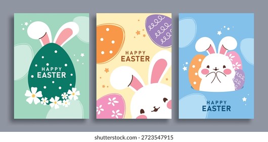 Conjunto de póster de Clipart de felicitación de Pascua feliz. Huevo de Pascua colorido con el conejo lindo para la tarjeta de felicitación del domingo de Pascua y la Ilustración vectorial de la colección del arte del Clip de la decoración del fondo de los deseos.
