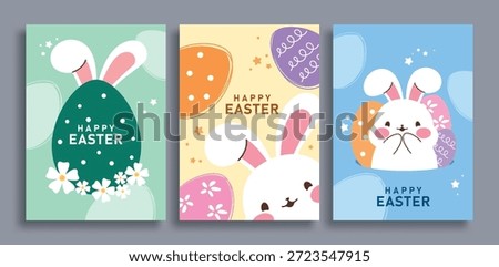 Happy Easter greeting clipart poster set. Colorful Easter egg with cute bunny for Easter Sunday greeting card and wishes background decoration clip art collection vector illustration.

