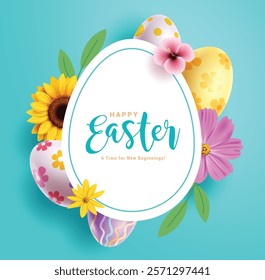 Happy easter greeting clipart template. Easter egg hunt clip art with daisy, sunflower, hibiscus flowers and egg shape frame for seasonal holiday background. Vector illustration greeting card template