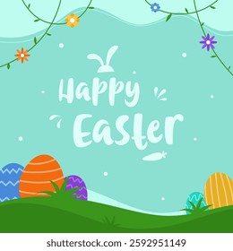 Happy Easter greeting with colorful eggs and flower