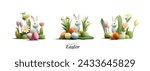 Happy Easter greeting composition set with 3d render Easter eggs and bunny and spring flowers, different composition