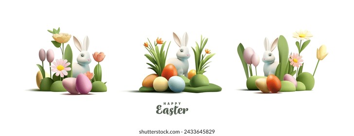 Happy Easter greeting composition set with 3d render Easter eggs and bunny and spring flowers, different composition