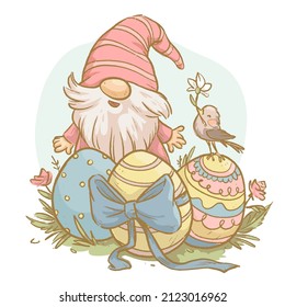 Happy Easter greeting concept with adorable little gnome sitting next to easter eggs and flowers isolated. Vector watercolor hand drawn vintage illustration. For cards, posters, prints etc.