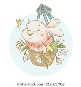 Grußkonzept Osterfest mit zauberhaftem kleinen, sonnigen Sitzgarnitur voller Ostereier und Blumen einzeln. Vektorwasserfarbe handgezeichnet Vintage Illustration. Für Karten, Poster, Drucke etc.