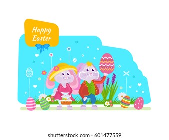 Happy easter greeting concept. Two cute bunnies with an Easter basket and an eggs in hand, a festive atmosphere. Vector illustration. Can be used in banners, invitation, postcards, poster.