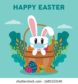 Happy Easter Greeting with Cute Easter Bunny Using Masker during Corona Virus pandemic