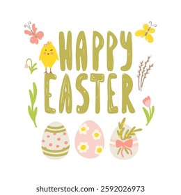 Happy Easter greeting with cute eggs and flowers vector illustration