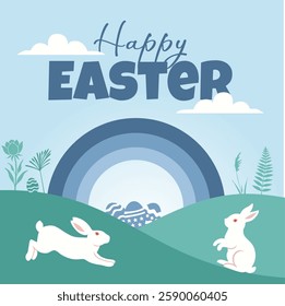 Happy Easter greeting with cute white rabbits on green hills, blue rainbow, and decorated egg, festive holiday celebration background.