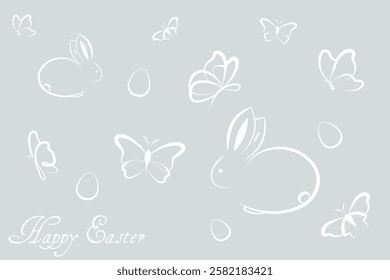 Happy Easter greeting. Easter eggs and bunny in flowers and grass green field, egg.