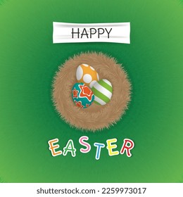 Happy easter greeting with eggs on nest and grass background