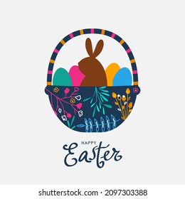 Frohe Ostern Grußkarte. Korb mit Ostereiern und Osterhasen und Handschrift. Vektorgrafik einzeln auf weißem Hintergrund
