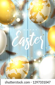 Happy Easter greeting flyer. Beautiful background with realistic white and gold Easter eggs, sparkling golden confetti, shining garlands and chicken feathers. Holiday vector illustration.