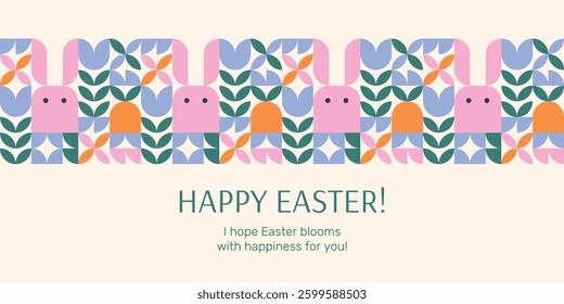 Happy Easter. Greeting flyer, poster or banner template with typography, cute Easter bunnies and flowers. Spring Easter pattern in geometric style.