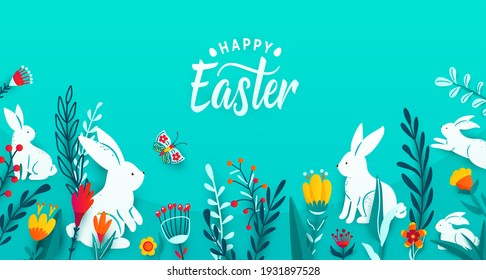 Happy easter greeting frame banner background with paper cut bunnies, flowers, grass, butterfly. Minimal 3d style floral background. Vector illustration.