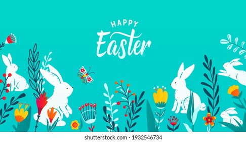 Felices marcos de saludo de Pascua fondo de banner con conejitos de papel cortado, flores, hierba, mariposa. Fondo floral minimalista de 3d. Ilustración vectorial.