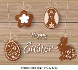 Happy Easter greeting, Gingerbread in the form of eggs, bunny, flower. Spring holidays, Easter background. Vector illustration EPS10.
