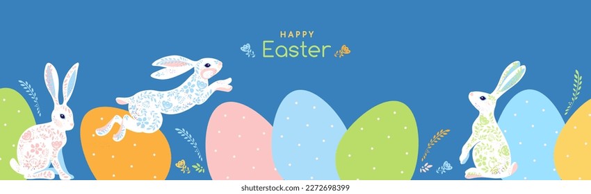 Happy Easter greeting graphic flat design with white rabbits jumping at pastel colored easter eggs. Egg hunting. Floral ornament. great for Easter Card, banner, flyer, poster, wallpapers