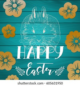 Happy Easter Greeting holiday celebration card with hand drawn lettering design, golden flowers, sketched rabbit on blue paint wood plank background. Vector illustration.