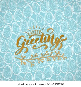 Happy Easter Greeting holiday celebration card with hand drawn lettering design, golden flowers, sketched rabbit on blue paint wood plank background. Vector illustration..