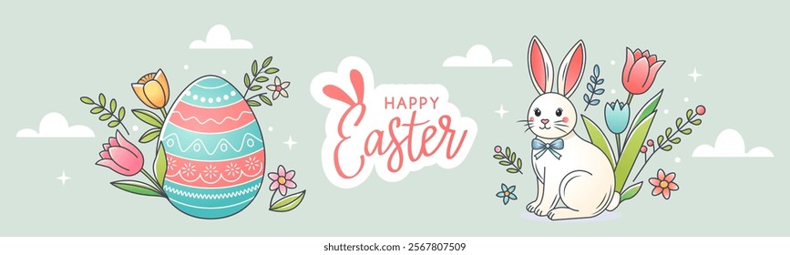 Happy Easter greeting horizontal banner. Cute Easter bunny with Easter egg and flowers in spring. Flat vector illustration on white background