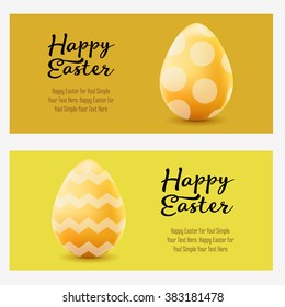 Happy Easter greeting horizontal landscape banners with colored eggs and hand drawned text. Vector realistic illustration.