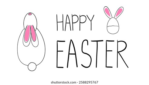 Happy Easter! Greeting illustration. Easter bunny and egg. Hand drawing. Line art. Vector