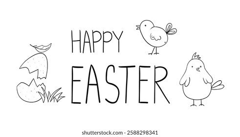 Happy Easter! Greeting illustration. Chicken and egg. Hand drawing. Line art. Vector