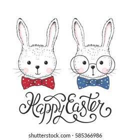 Happy Easter greeting illustration with cute rabbits, lettering