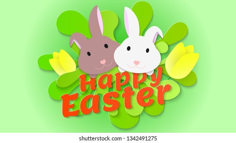 Happy Easter greeting illustration template in Paper cut style. Two Bunny on an abstract green shapes with tulips. Spring seasonal invitation template for your poster or flyer. Origami silhouette.