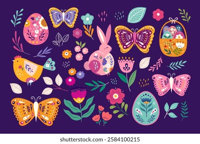 Happy easter greeting illustrations with decorative easter bunny. Spring decorative elements	