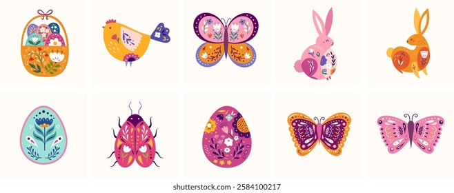 Happy easter greeting illustrations with decorative easter bunny. Spring decorative elements	