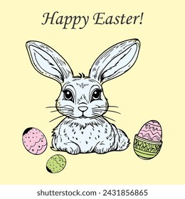 Happy Easter greeting, with the image of the Easter bunny and Easter eggs, in doodle style, hand drawing, print on a T-shirt, holiday background