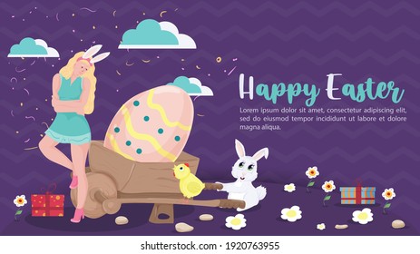 Happy Easter greeting inscription, Girl standing in front of a wheelbarrow with a painted egg, vector illustration banner for holiday design decoration, purple background