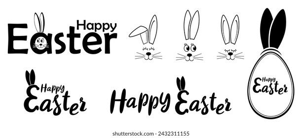 Feliz Pascua, inscripciones de saludo con cara de conejo y orejas en negro. Tres bozales de conejo, el conejo está durmiendo. Vector de inscripciones de Pascua con cara de conejo. Marco en forma de huevo con orejas.