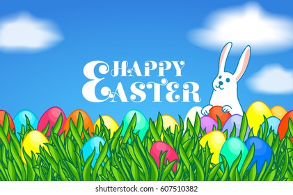 Happy Easter. Greeting or invitation card horizontal template. White Easter bunny with painted eggs and green grass. Background with clouds and blue sky. Vector cartoon illustration.