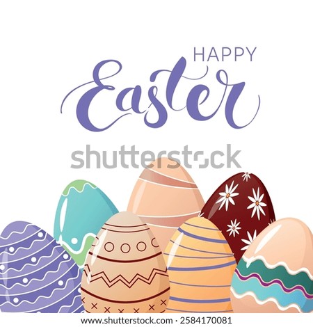Happy Easter Greeting Layout. Many colored Easter Eggs and Hand Lettering Easter word in Pastel Colors. Horizontal Banner, Cover, or Website Header.