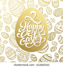 Happy Easter greeting lettering on golden seamless egg pattern. Vector illustration EPS10