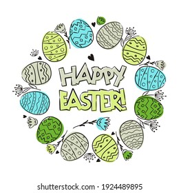 Happy Easter greeting logo with Round frame of hand-drawn easter eggs and flowers. Painted in watercolor spots. Cute easter wreath on a white background Vector illustration