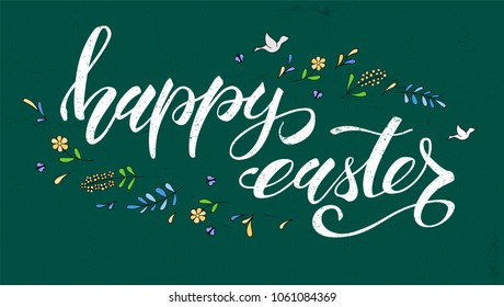 Happy Easter greeting on school board, spring holiday. Handwritten calligraphy and sketchy hand drawn art. Hand drawing doodle. Festive brush pen lettering. Easter greeting with color decorations