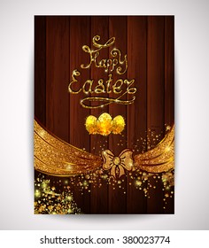 Happy Easter greeting on a wooden background with gold glitter 