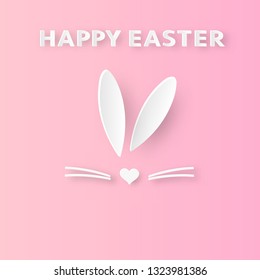 Happy easter greeting. Paper cut style with bunny that looks cute on pink background. Vector illustration. Card, invitation, posters and wallpaper