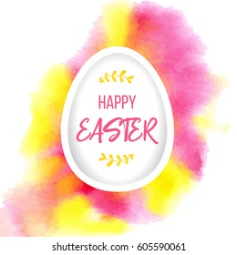 Happy Easter greeting. Paper egg with lettering on pink yellow watercolor background. Paper art elements holiday greeting vector illustration