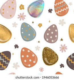 Happy easter! Greeting pattern. Beautiful decorative Easter eggs, multicolored, gold, shiny, holographic. Seamless pattern.Decoration, preparation for the holiday. Vector illustration