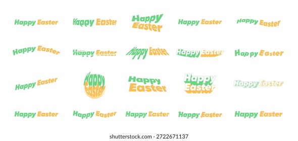 Conjunto de letras de frase de felicitación de Pascua feliz. Modernos estilos de palabras en negrita en verde y naranja, distorsiones onduladas y Formas de huevo para carteles de vacaciones de primavera.