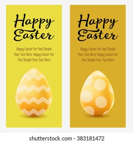 Happy Easter greeting post card with colored eggs and hand drawned text. Vector realistic illustration.