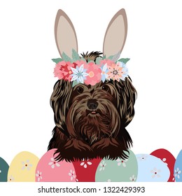 Happy Easter greeting postcards with eggs, lovely puppy, ears of a rabbit. Vector illustration. Isolated on a white background.