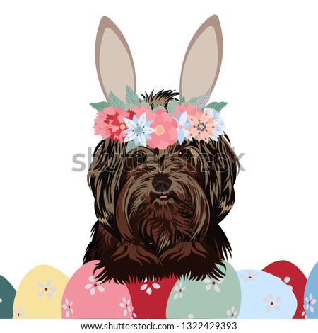 Happy Easter greeting postcards with eggs, lovely puppy, ears of a rabbit. Vector illustration. Isolated on a white background.